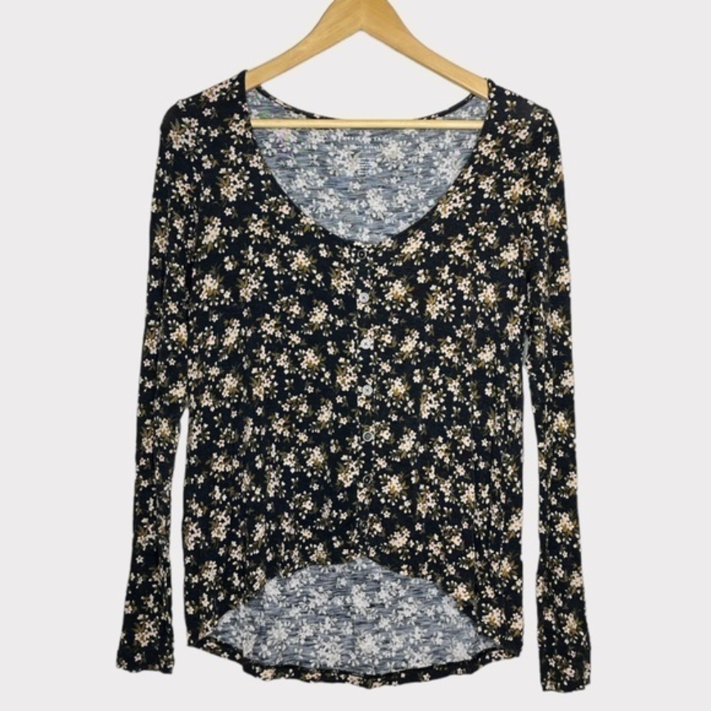 Black Long Sleeve Soft & Sexy Floral Button Scoop Neck Top American Eagle‎ XS